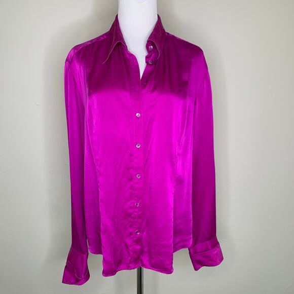 Silk Satin Fuschia Pink Long Sleeve Blouse Sz 16 Vintage Starington - Picture 1 of 10